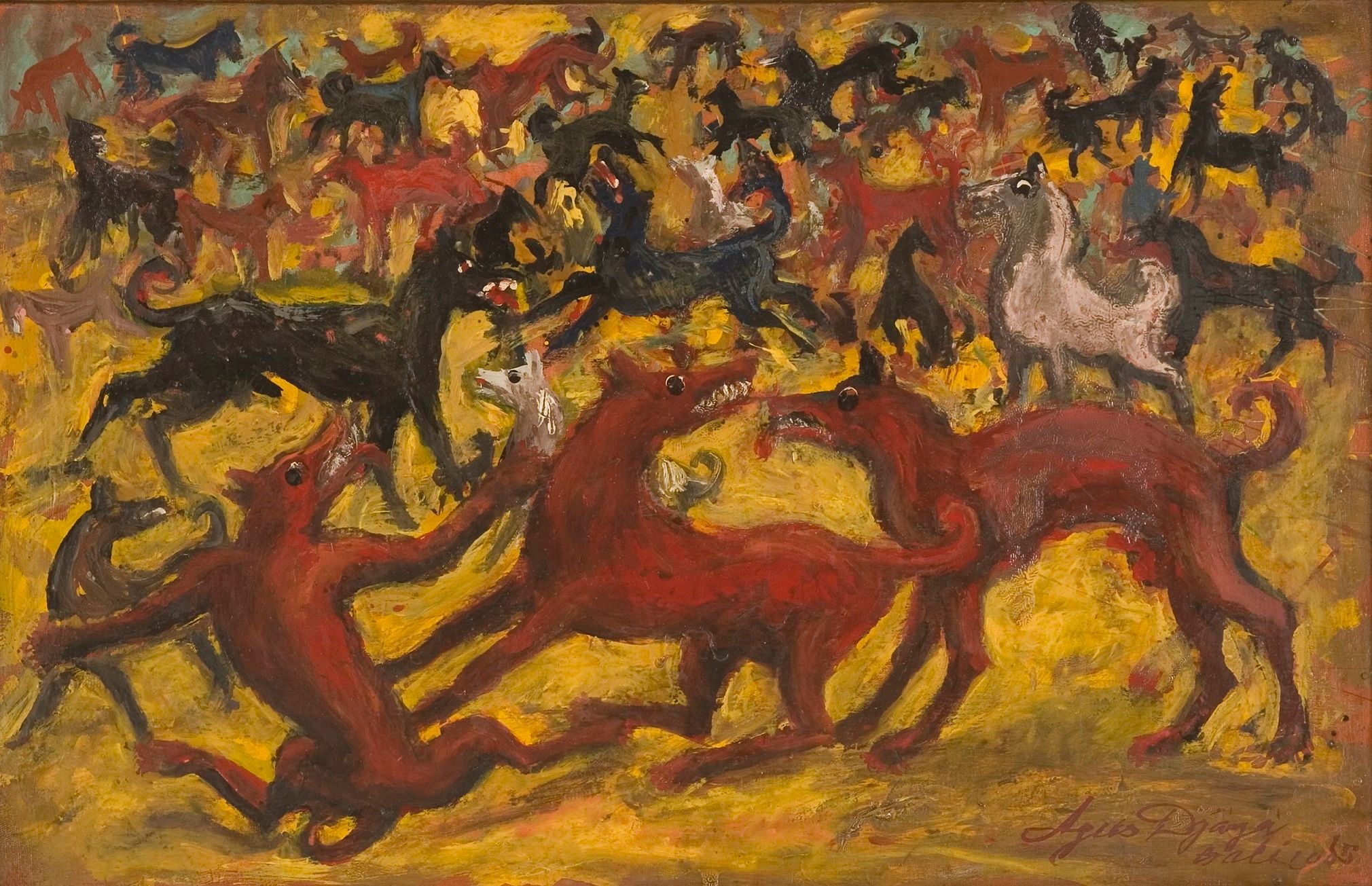 De wereld van honden, schilderij van Agus Djaya