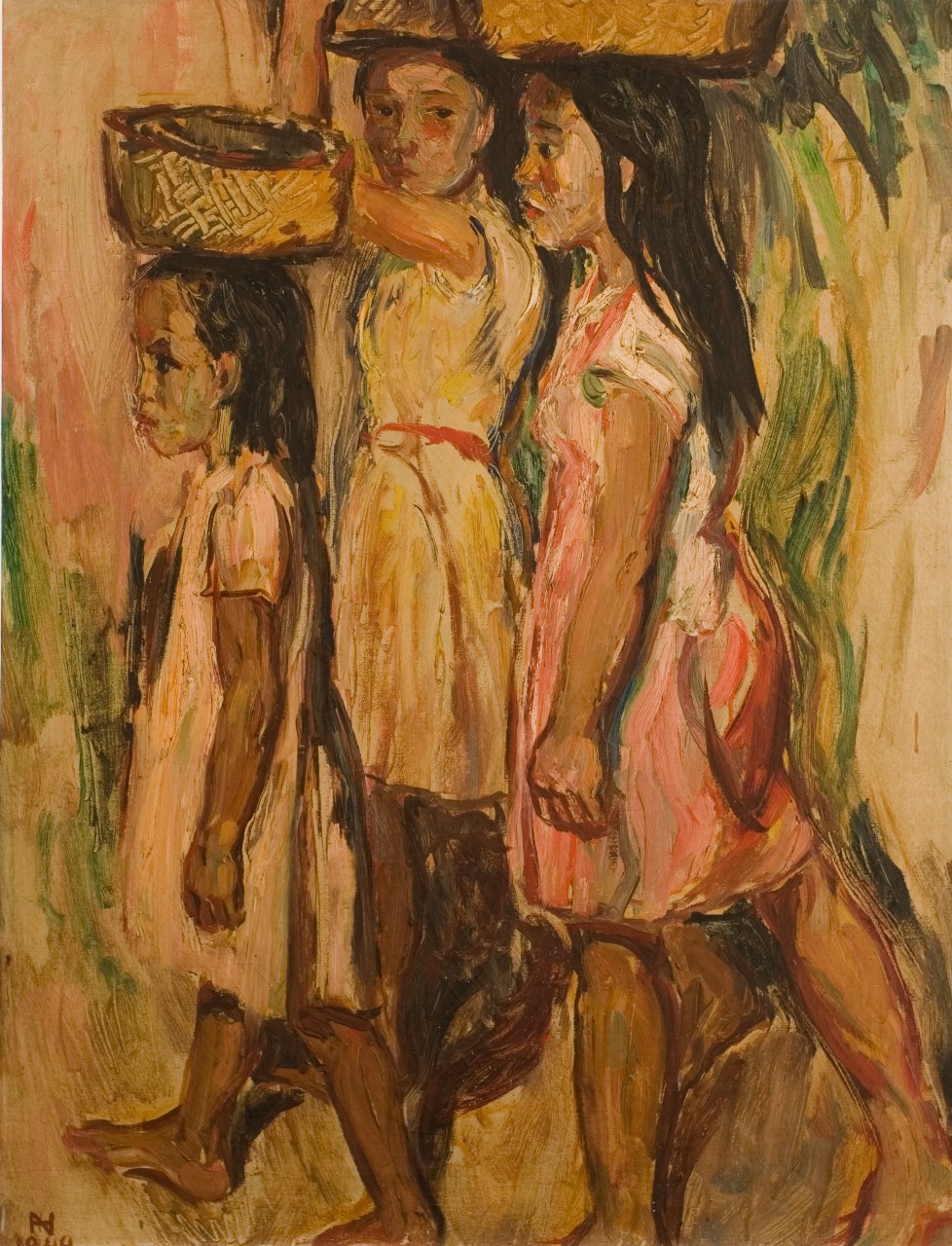 Drie jonge meisjes van Minahasa, schilderij van Henk Ngantung