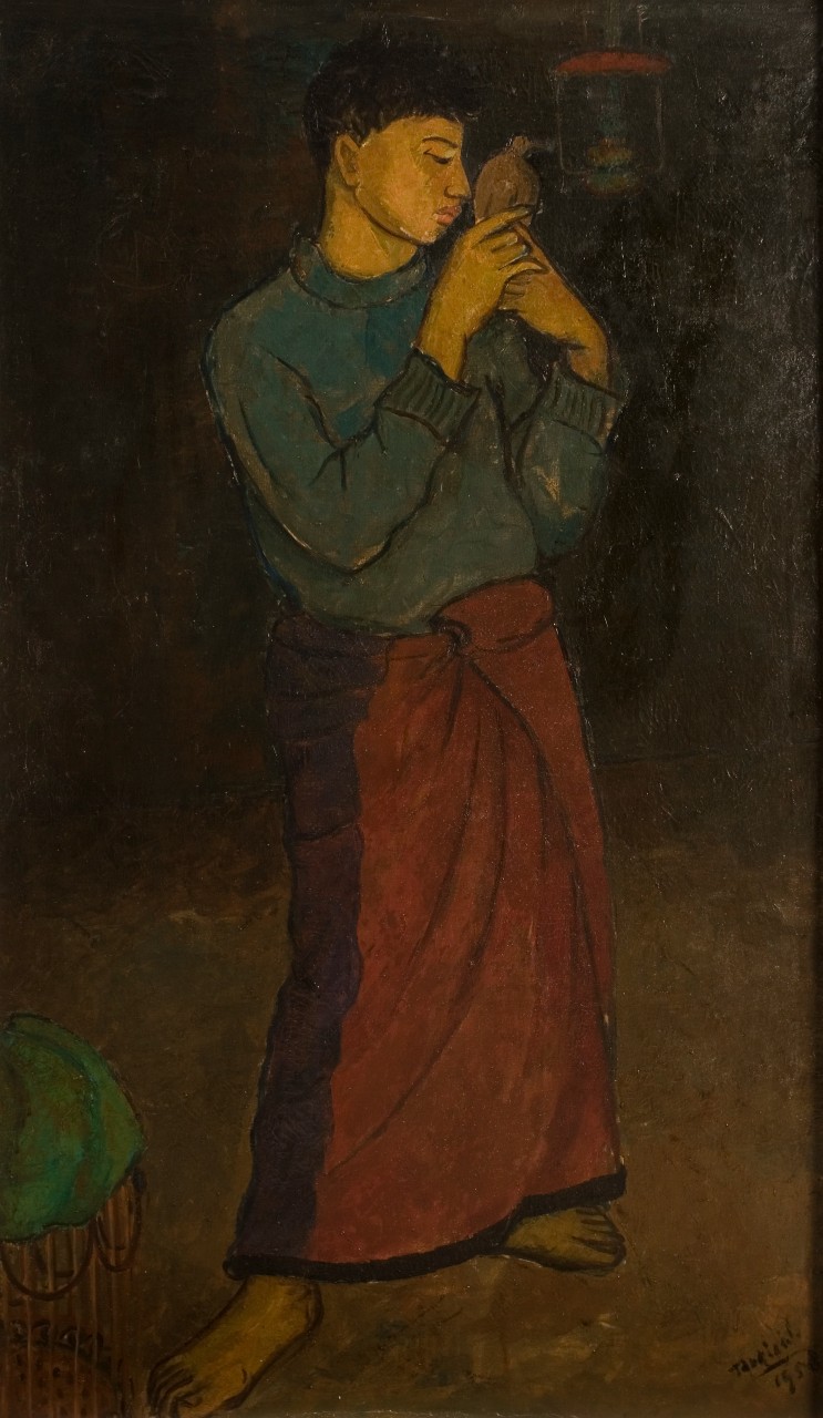 Het kind en de vogel, schilderij van Itji Tarmizi