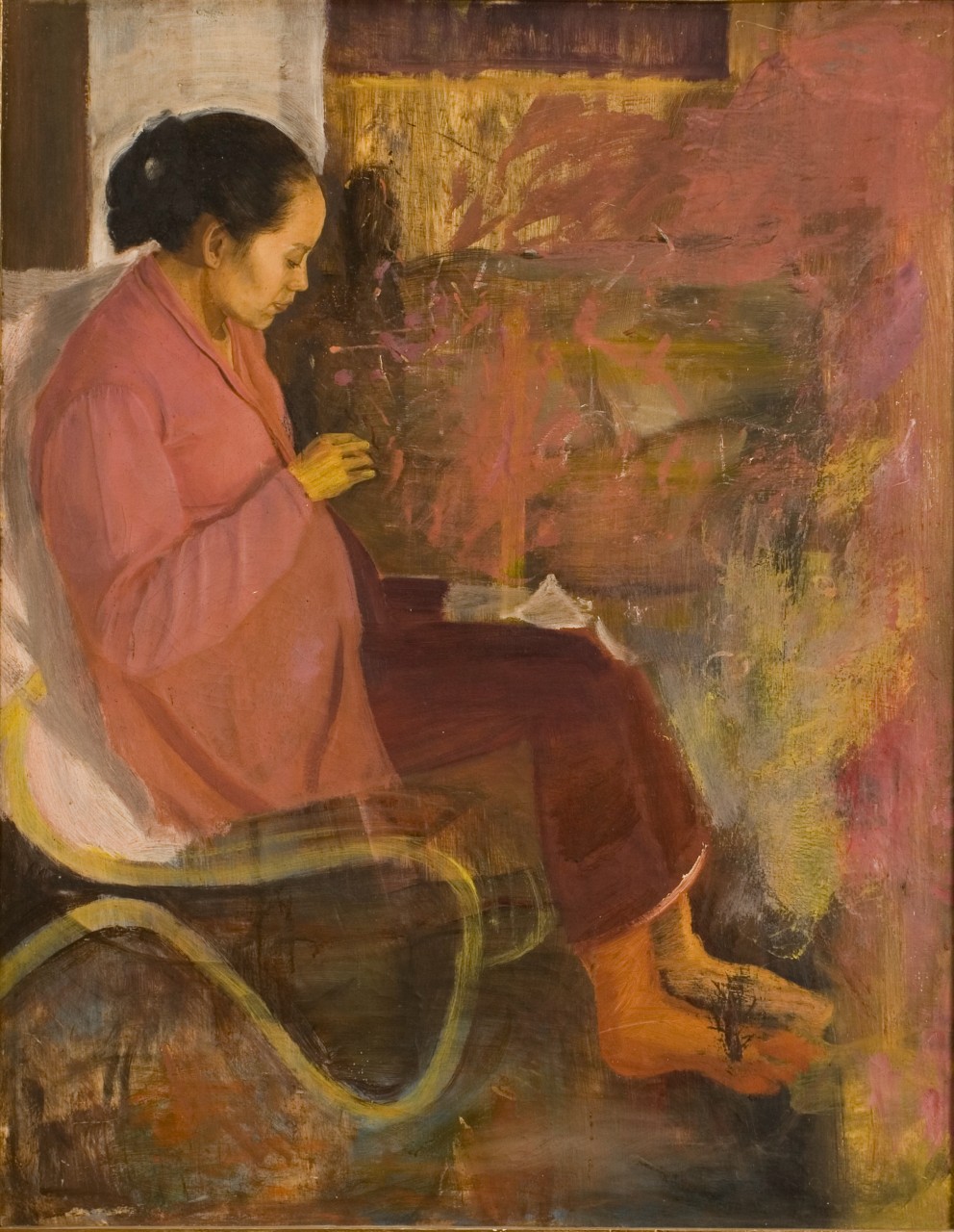 Moeder naaien, schilderij van S. Sudjojono